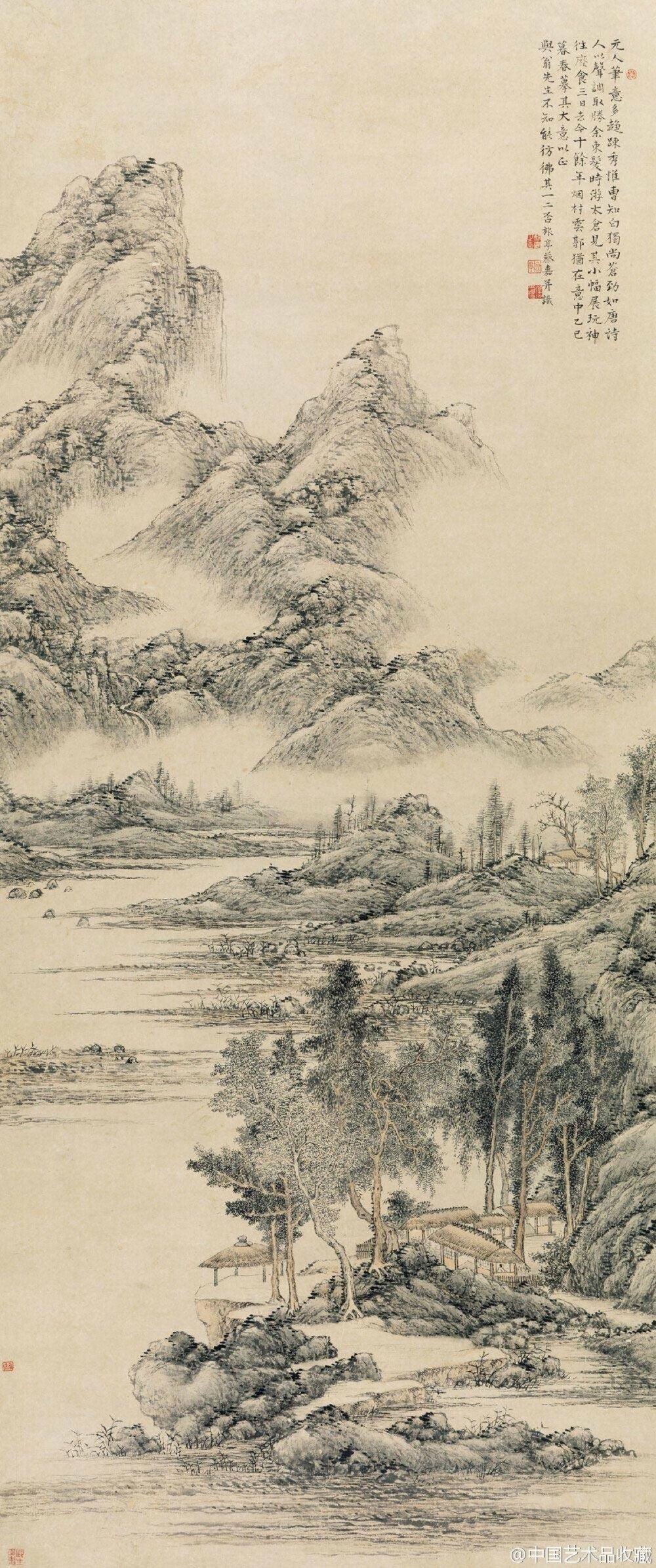 【 清 蔡嘉 《水村图》 】立轴，纸本设色，134×57cm，1725年作。 蔡嘉（1686-1779后），字松原，一字岑州，号雪堂，一号旅亭，又号朱方老民，清朝江苏丹阳人，侨居扬州。所居曰高寒旧馆。与高翔、汪士慎、朱冕为诗画友。此幅作品，村落溪山、茅屋里舍、逼真自然。款识：乙巳暮春，摹其大意以正与翁先生，不知能仿佛其一二否。旅亭蔡嘉并识。