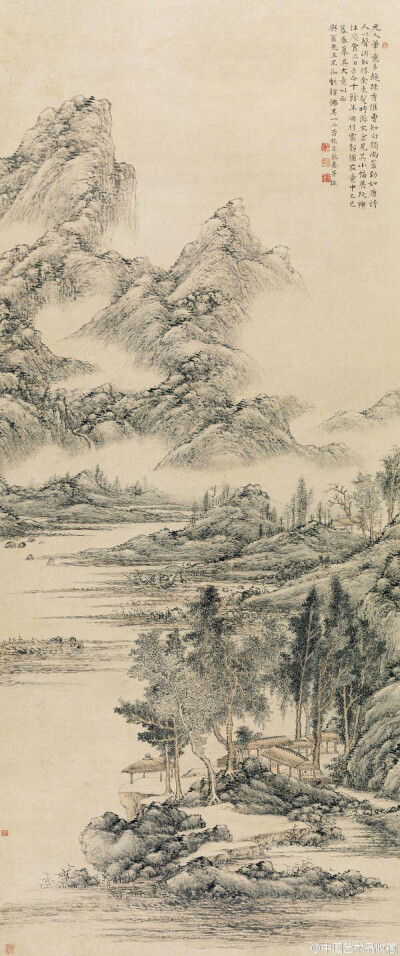 【 清 蔡嘉 《水村图》 】立轴，纸本设色，134×57cm，1725年作。 蔡嘉（1686-1779后），字松原，一字岑州，号雪堂，一号旅亭，又号朱方老民，清朝江苏丹阳人，侨居扬州。所居曰高寒旧馆。与高翔、汪士慎、朱冕为诗画…