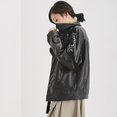 秋冬定制款 绑带抽绳棒球服 纹理质感哑光皮衣女士短款大领口外套