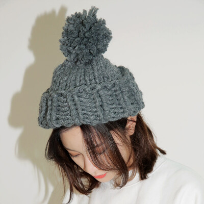 韩版毛球粗线毛线帽子女秋冬保暖纯手工针织帽翻遍纯色毛线帽子潮