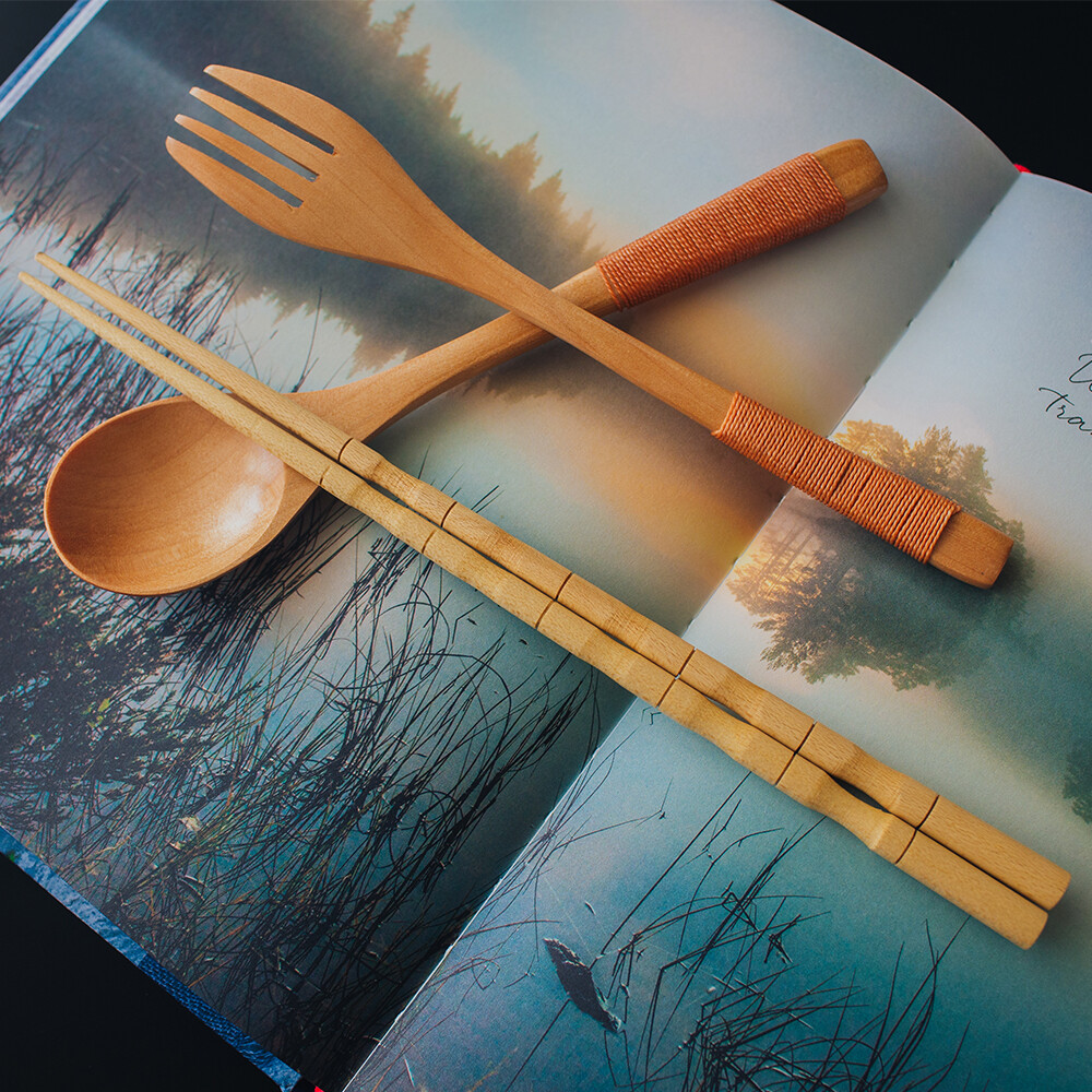 创意木质绕线筷子叉子勺子三件套装家用 学生日式餐具套装木勺子