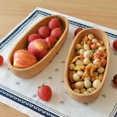 自然而然 日式椭圆糕点心水果盘碟 创意趣味实木质船形碗碟