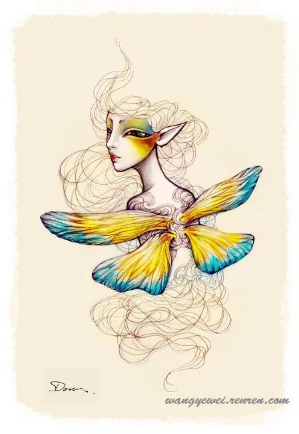 来自中国插画师Dou的插画,Dou惯用线条来表达整幅画,独特的构图用柔软的线条装饰没有表情的面具,圆润饱满的脸颊被流畅的温柔的线条包围,大大的双眼,那么忧郁无助,当中又透露出倔强。其中面具独特的妆容还有红红的腮红很有我国国粹京剧的特色。