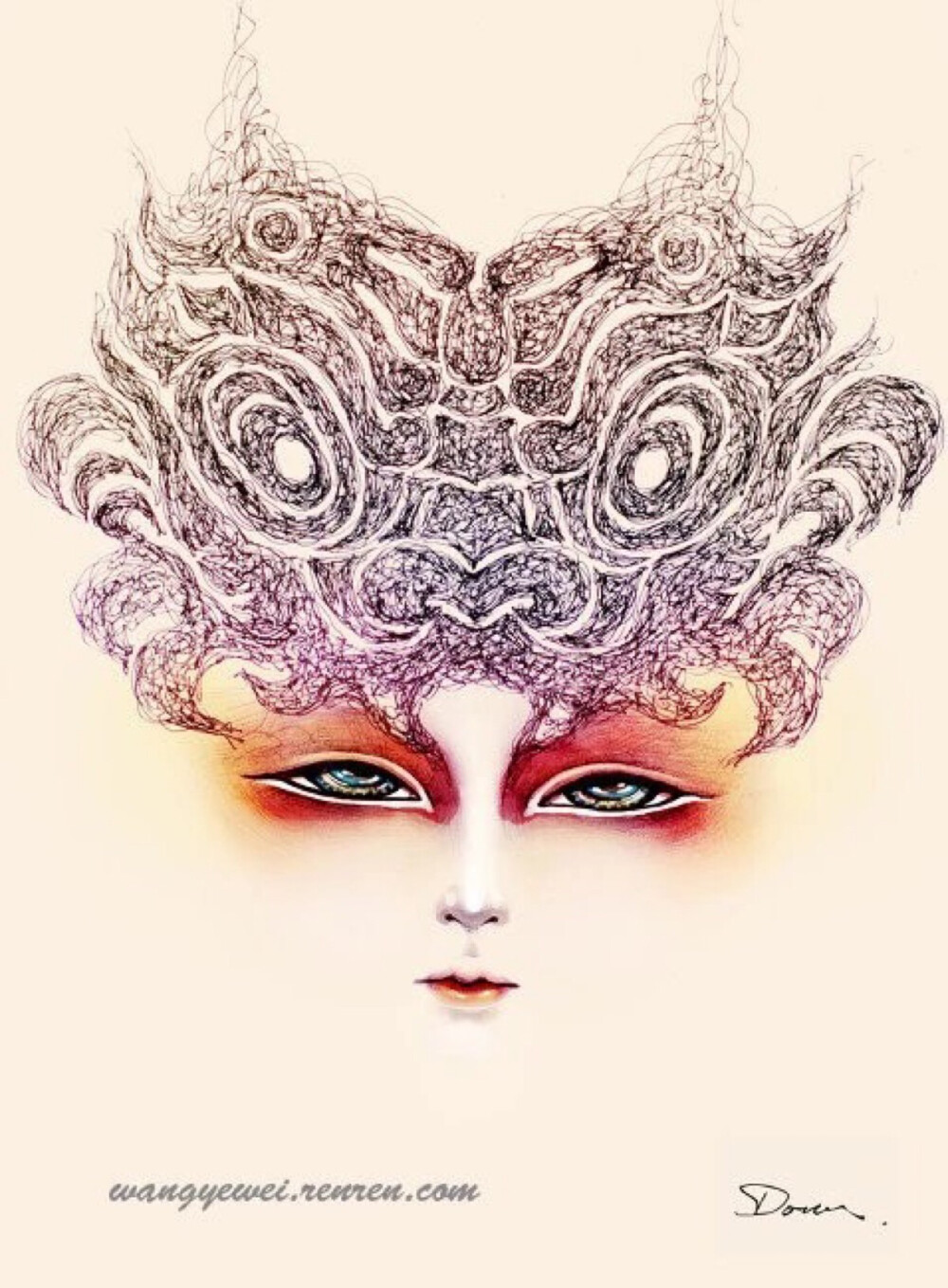 来自中国插画师Dou的插画,Dou惯用线条来表达整幅画,独特的构图用柔软的线条装饰没有表情的面具,圆润饱满的脸颊被流畅的温柔的线条包围,大大的双眼,那么忧郁无助,当中又透露出倔强。其中面具独特的妆容还有红红的腮红很有我国国粹京剧的特色。