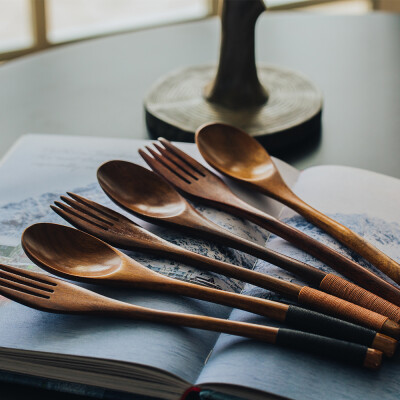 日式和风创意绕绳实木勺叉餐具套装环保无漆 楠木勺子木叉子汤勺