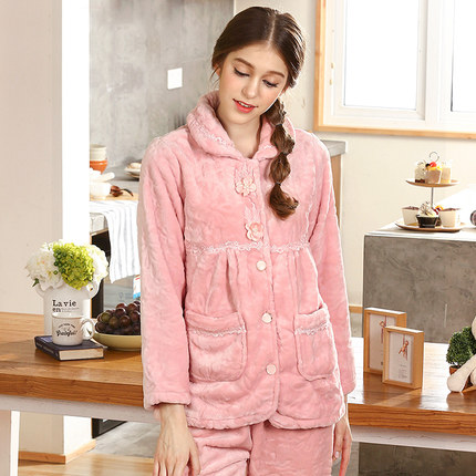 红豆睡衣女冬珊瑚绒睡衣秋长袖长裤甜美法兰绒女人保暖家居服套装