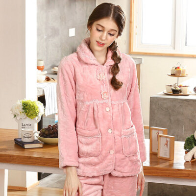 红豆睡衣女冬珊瑚绒睡衣秋长袖长裤甜美法兰绒女人保暖家居服套装
