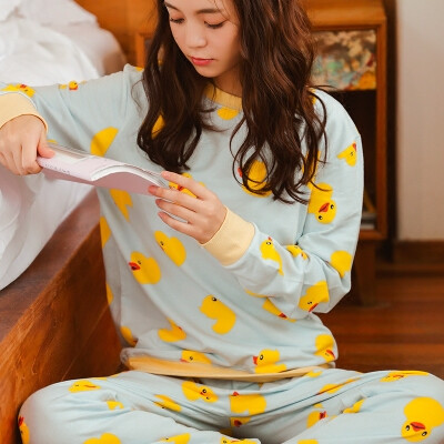 睡衣女冬 韩版甜美长袖卡通印花舒适宽松圆领套头家居服套装女