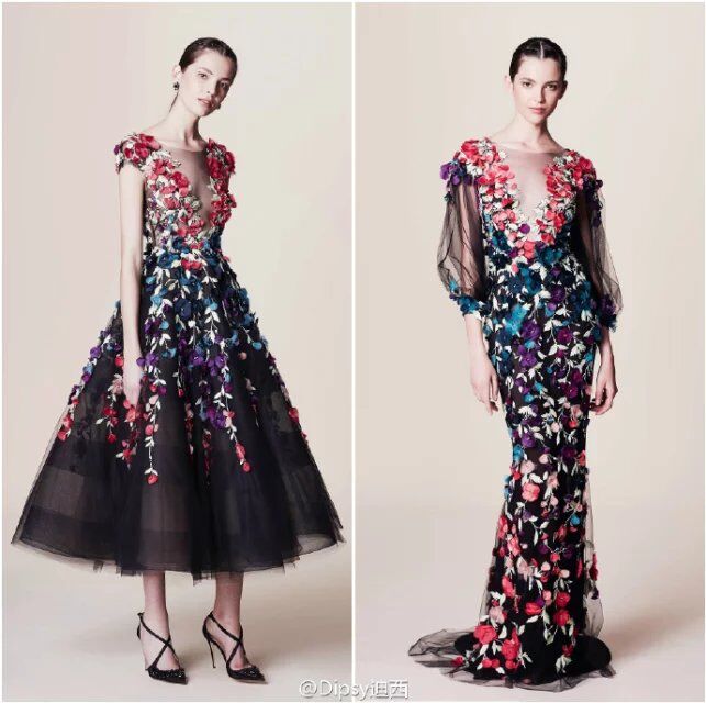 Dipsy迪西 Marchesa Resort 2017┃珠片宝石流苏羽毛，手工制作而成的3D立体花卉刺绣～设计师这一季要讲述的是纸醉金迷的拉斯维加斯夜场派对～灵感来自95年Martin Scorsese执导的美国电影《赌城风云》～色调通过午夜的蓝，妖魅的紫所发散～