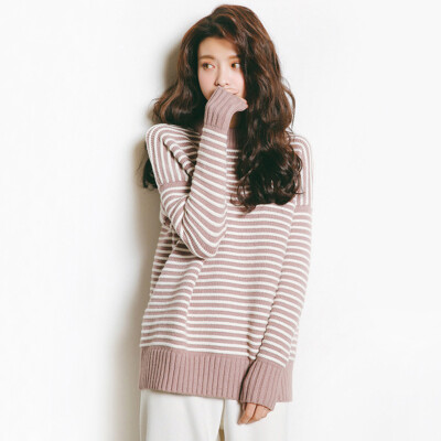 2016韩版条纹毛衣女 秋冬季学院风打底衫圆领套头学生针织衫外穿