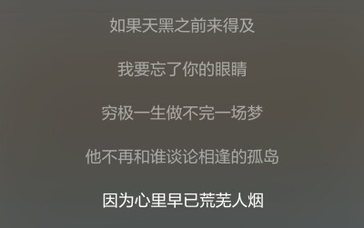 如果天黑之前来得及/我要忘了你的眼睛/穷极一生做不完的梦/他不再和谁谈论相逢的孤岛/因为心里早已荒无人烟------《南山南》