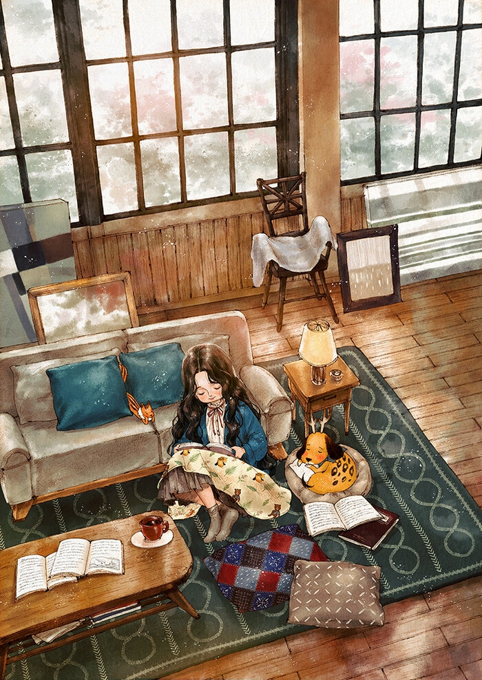 休息的日子，宅在家里悠闲地打发时光， 也是舒适幸福的一天 ~ 来自韩国插画家Aeppol 的「森林女孩日记-2016」系列插画。