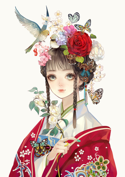 古风美人花朵蝴蝶小鸟