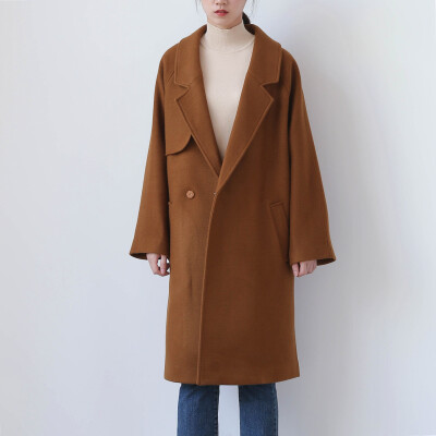 风衣式羊毛大衣加长款系带长袖呢子大衣宽松显瘦毛呢外套女士