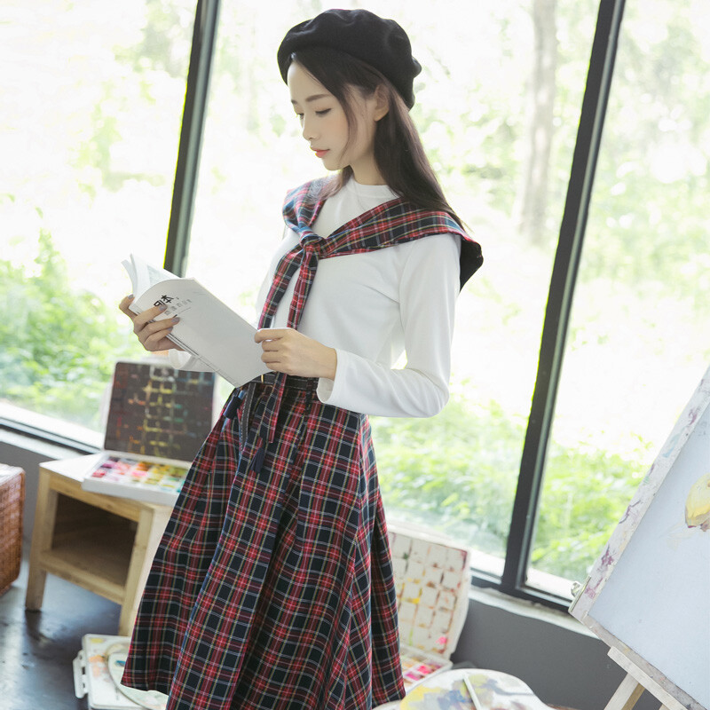 2016秋装甜美日系衬衫披肩学院风学生格子A字假两件套连衣裙