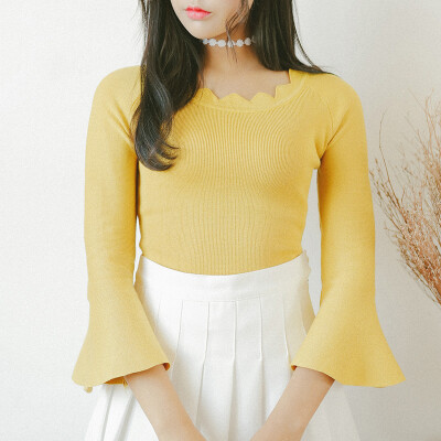 韩国2016秋冬学院风纯色喇叭袖毛衣针织衫打底衫女上衣