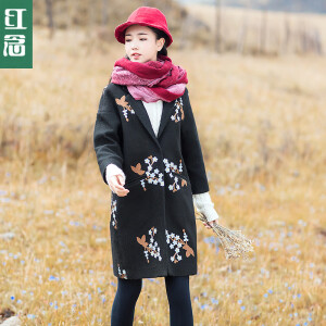 红念刺绣v领毛呢外套女中长款秋冬黑色 2016女装宽松呢子大衣