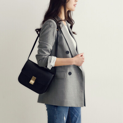 韩版小西装女秋季长袖中长款外套双排扣灰色修身西服休闲职业装