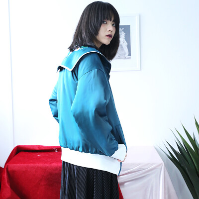芍药居设计 浅草海棠 和风蓝绿刺绣棉服16冬女海军领棒球服