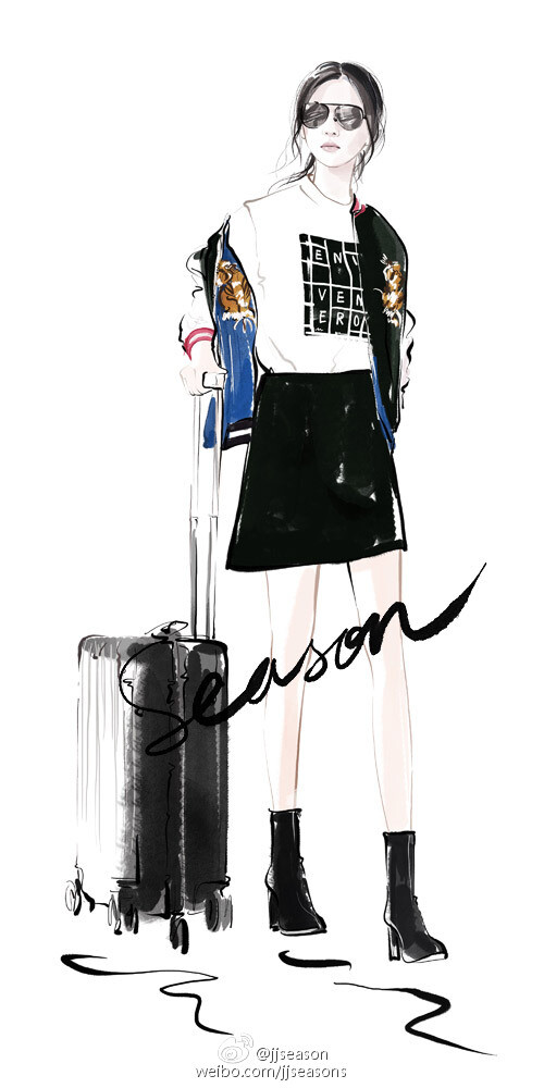 #jjseason插画# #season街拍插画# ---- @童瑶 身穿@TOPSHOP 刺绣夹克内搭@MOCO官方微博 T恤，@MonkiWorld 半身裙及@MANGO中国 短靴，街头潮范机场街拍。