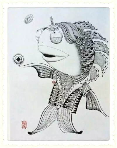 by 拙
中国画的美感之一，就是诗、书、画、印的结合。这条鱼太好玩了，有点《千与千寻》里汤屋工作人员的画风喔！