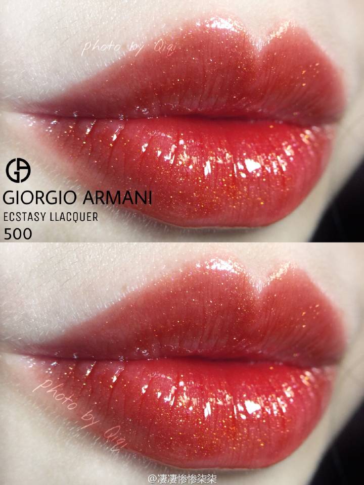 ＃唇釉试色＃GIORGIO ARMANI ECATASY LLACQUER乔治阿玛尼黑管唇釉500 试色
橘红底色再加密集的金闪混着粉紫闪 上嘴会慢慢变红 显白 黄皮也适合 其实也挺日常的 真的好美腻！！！