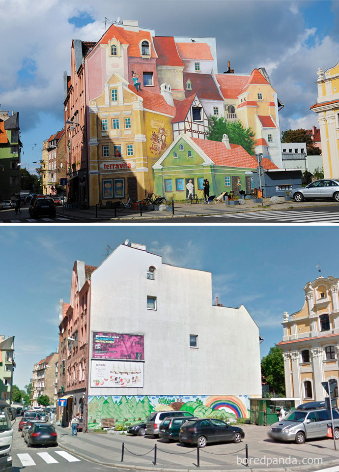 街头艺术是如何改变我们的城市的～（via：boredpanda.com/before-after-street-art-boring-wall-transformation）