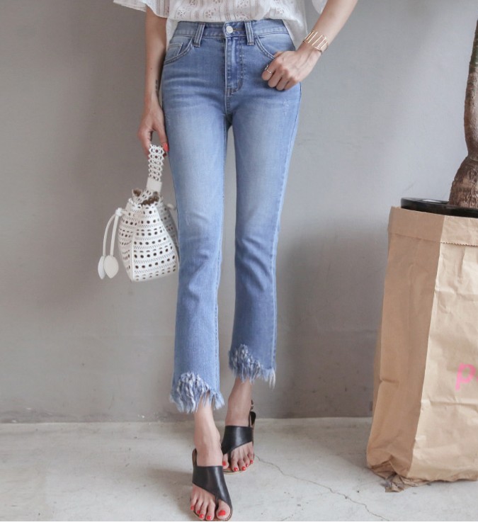 韩国11am官网直邮磨损毛边裤脚露薄款脚踝九分牛仔裤女