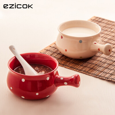 ezicok 日式创意波点陶瓷早餐碗 可爱手柄泡面碗汤碗饭碗情侣餐具