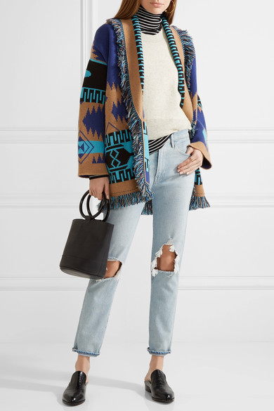 Coats from ALANUI (Fringed jacquard-knit cashmere cardigan)
Sweater from ÉTOILE ISABEL MARANT (Cooper mélange knitted sweater), LA LIGNE (Striped ribbed-knit turtleneck sweater)
jeans from 3X1 (W3 dis…