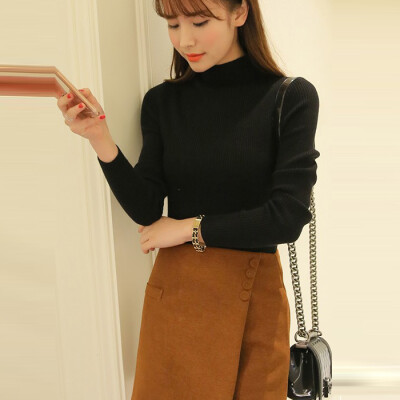 韩版2016新品冬季修身半高领打底衫紧身套头长袖针织衫黑色毛衣女