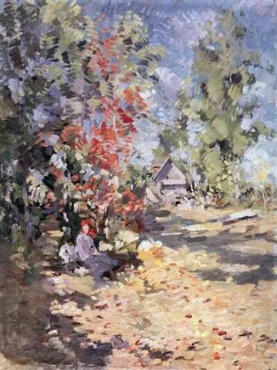 图为俄罗斯印象派画家Konstantin Korovin（1861-1939）的作品Autumn。秋天的色彩似乎更具备多样的层次感。村庄路上飘零的黄叶、由日照而生成的光斑，还有那倚树而歇的农妇，这一切无不让你想要拥抱它——秋天。 树林…