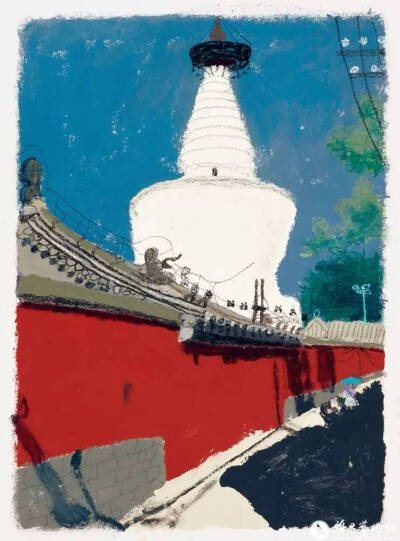 图为画家王玉平的油画作品《白塔寺》。在澄蓝的晴空和红墙灰瓦之间，是高耸的白塔寺白塔。如今，它是北京唯一见证过元大都昔日繁华的遗存，也是《骆驼祥子》里，祥子眼中那个“傻白傻白”的大高塔。 海面倒映着美丽…