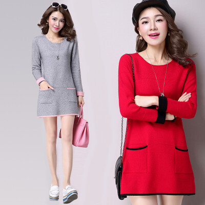 2016新款韩版秋冬装中长款套头圆领毛衣女长袖修身时尚打底针织衫