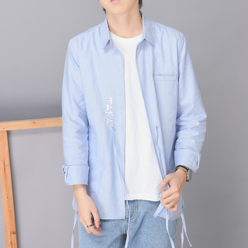 TAKA国潮原创设计 日系刺绣蓝色系带道袍衬衫 日式男visvim衬衣