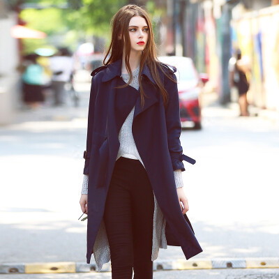 VB 2016夏季宽松显瘦中长款系带风衣女士纯色休闲大衣外套潮