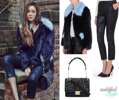 Karl Lagerfeld:
Faux Fur Coat @ karl.com $625.00
Glitter Jacquard Pant @ karl.com $365.00
K/Kuilted Tweed Handbag @ karl.com $575.00
