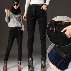 加绒加厚松紧腰牛仔裤女宽松休闲哈伦裤垮裤大码胖MM显瘦黑色长裤