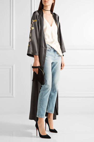 Vest from JUAN CARLOS OBANDO (Kenmore silk-charmeuse camisole)
Jacket from ATTICO (Embroidered satin jacket)
Jeans from THE ROW (Ashland cropped mid-rise straight-leg jeans)
Shoes from CHRISTIAN LOUBO…