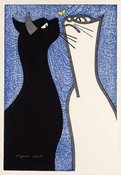 图为日本版画大师Kiyoshi Saito（斋藤清，1907-1997）的作品Steady Gaze (Two Cats)。这是一幅很有趣的作品，黑猫与白猫争相嗅触蝴蝶。它们将脖子伸得很长，神情严肃，俨然一副谁也不让谁的样子。联想到婚姻生活，两…