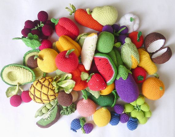 Crochet play food set (36 pcs) Crochet vegetables and fruit skitchen decoration, eco-friendly toys,Pretend play - Play food - Teething Toy