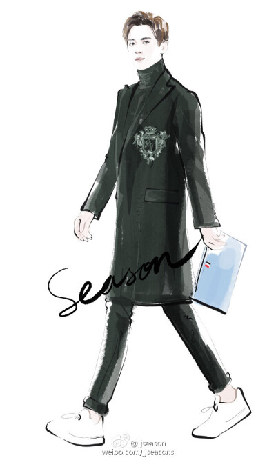 #jjseason插画# #season明星插画# ----- @高云翔 身着@DolceGabbana 长款大衣，拿Thom Browne 手袋，脚踩@Valentino官方微博 白色运动鞋，轻松现身机场。一路霸气潇洒，型男魅力尽显。