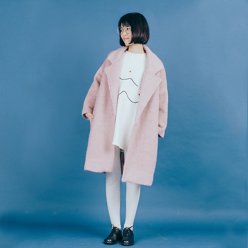 古早原创设计2016冬季韩版宽松羊毛大衣时尚粉色长款毛呢外套