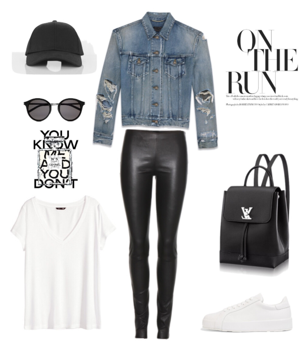 Saint Laurent jacket、tee、sunglasses，The Row leggings，Jil Sander sneaker，Louis Vuitton backpack#2016