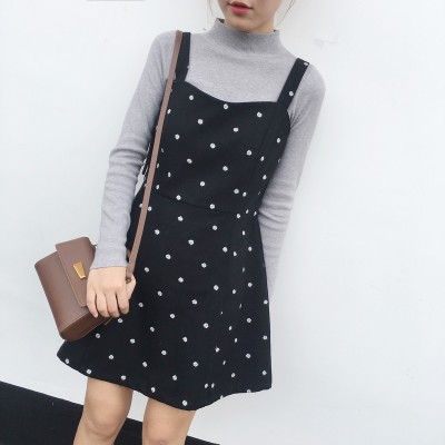 ifashion渔不二自制超显瘦气质经典波点毛呢背带裙连衣裙女