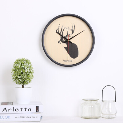 挂钟北欧简约 创意卧室动物钟表木质静音现代客厅圆形12寸黑框