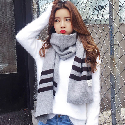 KARAYA 围巾毛线女士韩版新款秋冬季学生保暖条纹男女情侣围巾