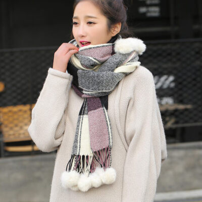 韩版兔毛球仿羊绒围巾超大披肩两用加厚长款冬天格子女秋冬季学生