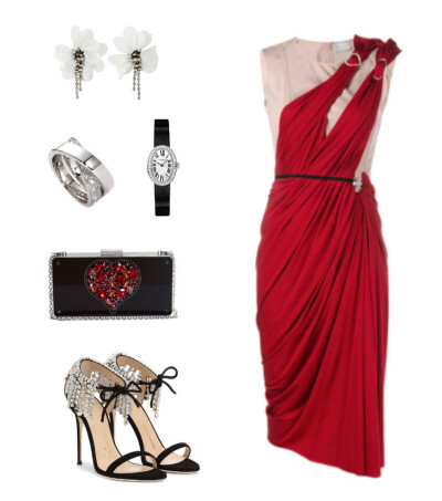 Lanvin dress、clutch、earrings，Giuseppe Zanotti sandals，Cartier watch、ring#2016