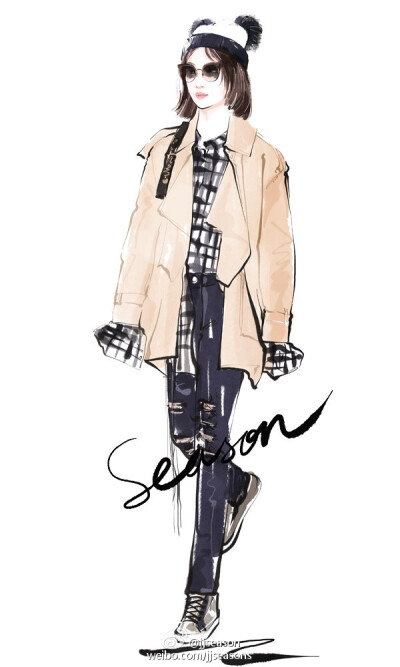 #jjseason插画# #season街拍插画# ----- 11月25日，@周冬雨 身着@Burberry 解构风格棉质嘎巴甸短款Trench风衣搭配双肩包、Haider Ackermann格子衫、Frame Denim破洞牛仔裤、Golden Goose运动鞋、Monki熊猫帽现身机…